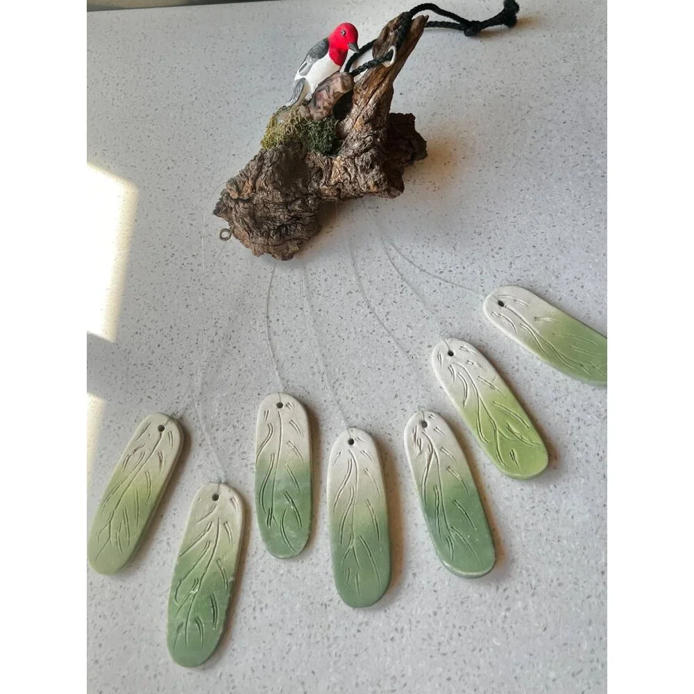 Handcrafted Loon Bird Sculpture Wind Chime With Ceramic Leaves & Natural Driftwo - Picture 2 of 16
